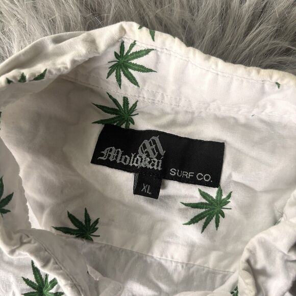 Molokai Surf Shirt Sz XL Cannabis 420 Button Down White Green Marijuana Weed - Picture 5 of 11
